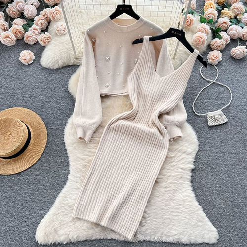 ◈[당일발송] 우아한 진주 니트&골지 원피스 2SET