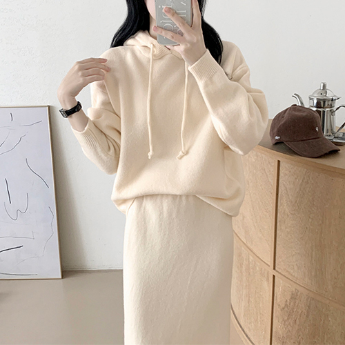 ◈[당일발송] 데일리 포근 후드 니트 투피스