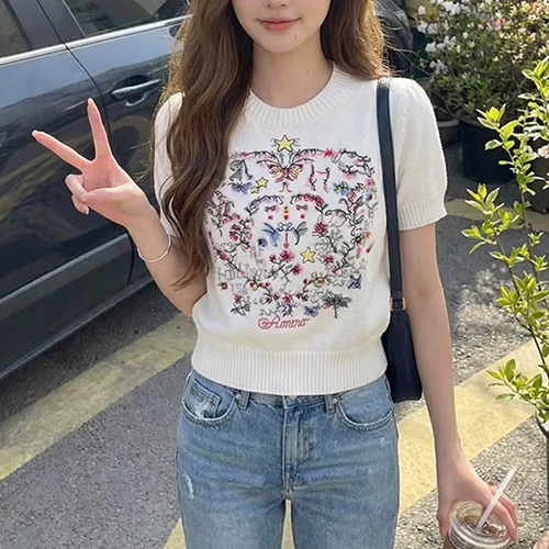 가든 플라워 드로잉 반팔 니트
