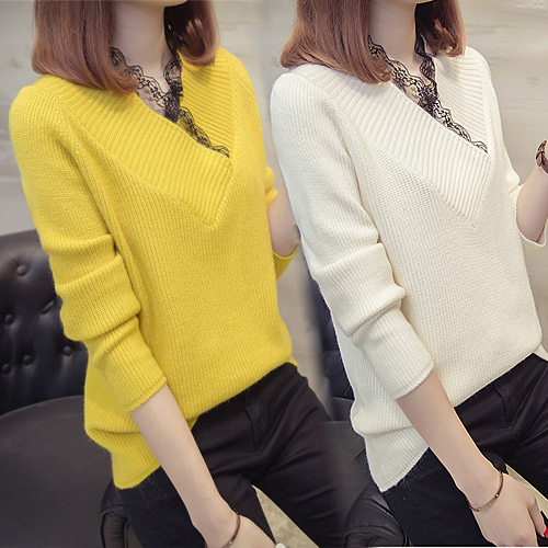  ★주문량 6,400장 돌파!★레이스 카라 브이넥 니트