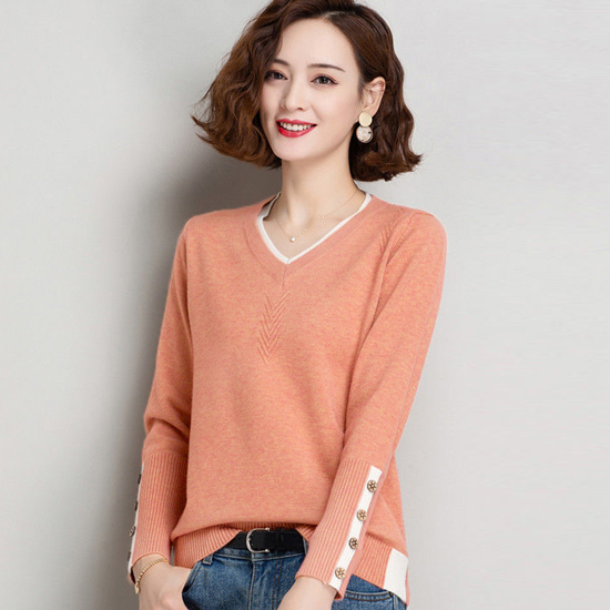 [당일발송]  레이어드 브이넥 배색 골지 소매 비스코스 니트