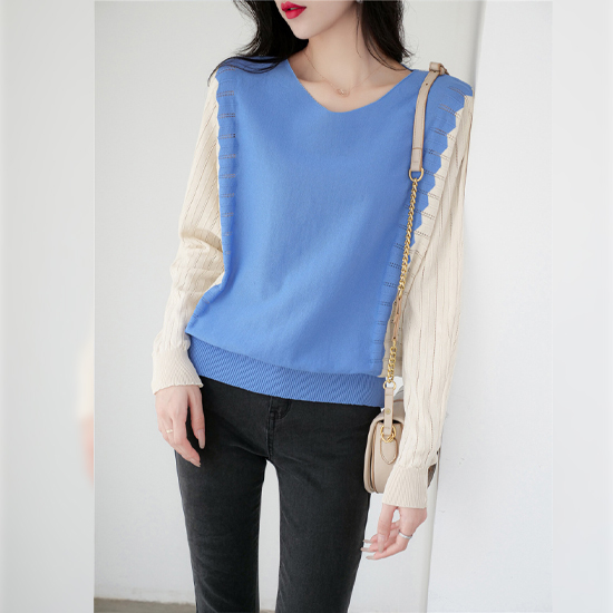 브이넥 지그재그 배색 니트