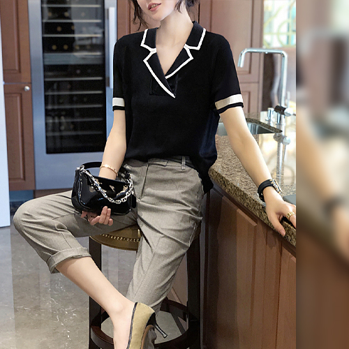 ◈[당일발송] 카라 배색 반팔 골지 니트