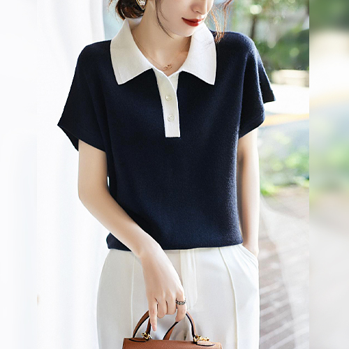 카라 배색 버튼 반팔 니트 