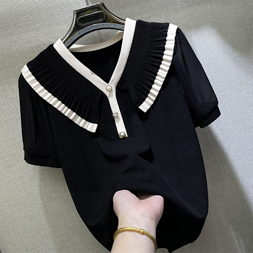 ◈[당일발송] 플리츠카라 진주 브이넥 반팔 니트