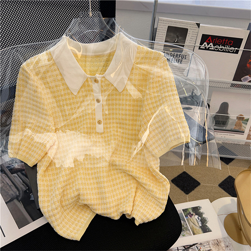 카라 배색 금장버튼 반팔 니트 