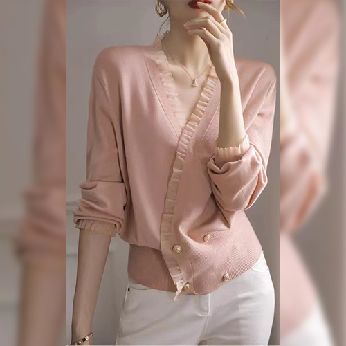 브이넥 프릴 크롭 니트&가디건