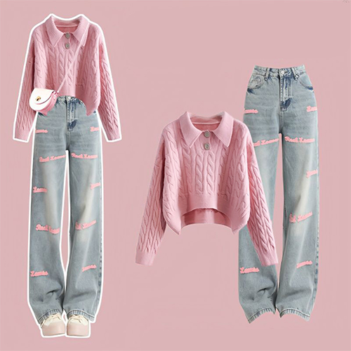 케이블 핑크 카라 니트+핑크 레터링 데님 팬츠 2SET