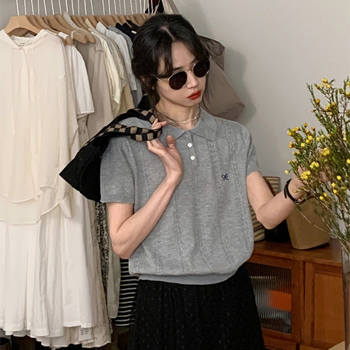 ◈[당일발송] 꽈배기 리본 반팔 카라 니트