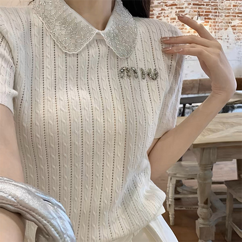 패턴 슬림 카라 니트탑