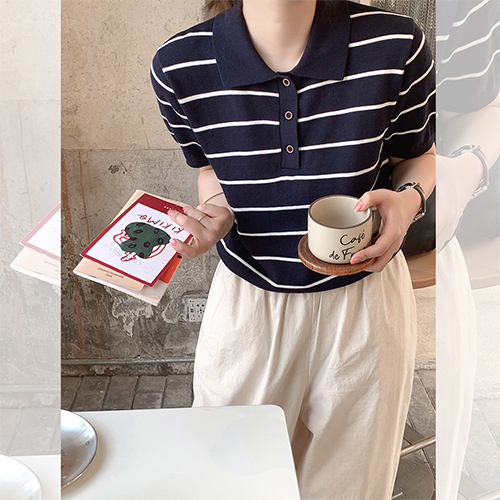 스트라이프 헨리넥 카라 반팔 니트