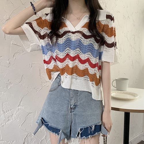 ★화요특가 자정마감 50%★ ◈[당일발송]  물결 배색 펀칭 오픈카라 반팔 니트