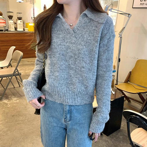 오픈 카라 심플 긴팔 니트 [쿠폰 적용 제외] 