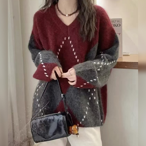 ◈[당일발송] 브이넥 아가일 루즈핏 니트