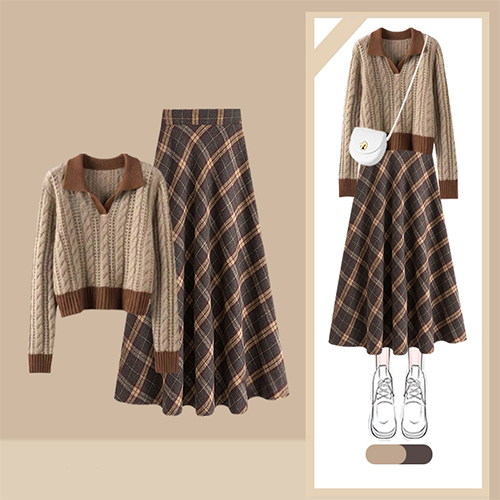 ◈[당일발송] 5레트로 꽈배기 카라 니트&사선 체크 롱 스커트 2SET