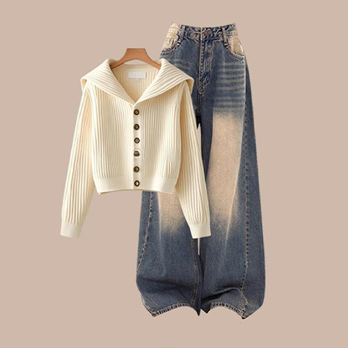 세일러 니트 가디건&샌드 워싱 와이드 팬츠 2SET