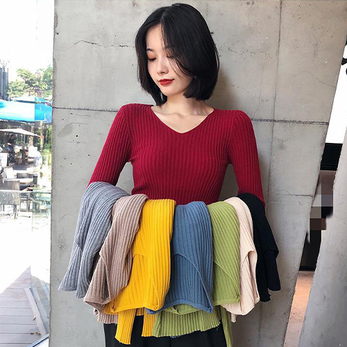 골지 브이넥 무지 니트