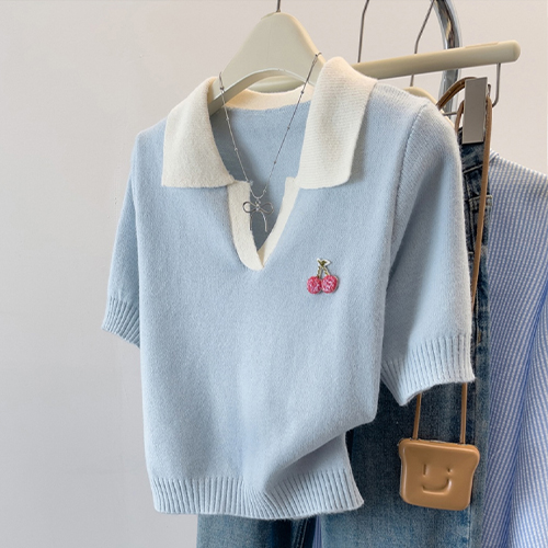 연블루 체리 반팔 카라 니트