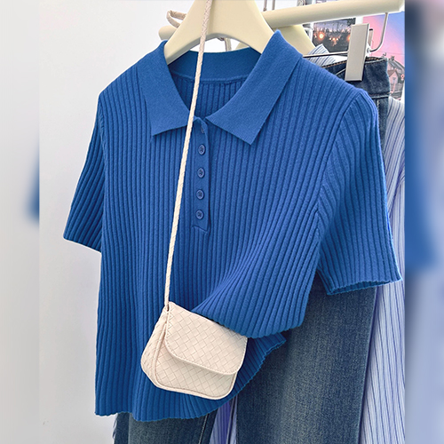 ◈[당일발송] 블루 골지 카라 반팔 니트