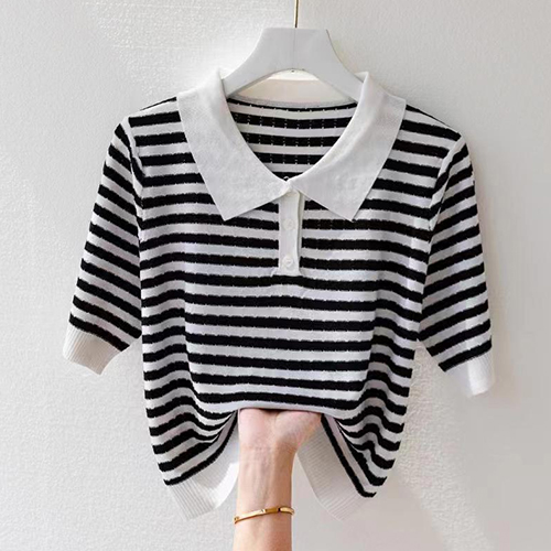 ◈[당일발송] 베이직 스트라이프 반팔 카라 니트