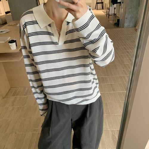 ◈[당일발송] 오픈카라 스트라이프 데일리 니트