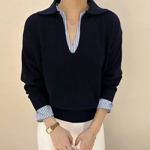 ◈[당일발송] 배색 레이어드 파임넥 니트