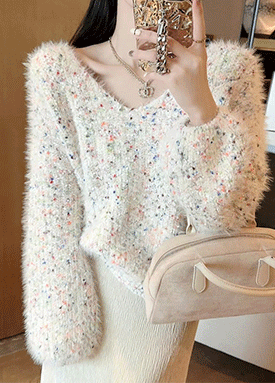 믹스 컬러 페미닌 브이넥 니트