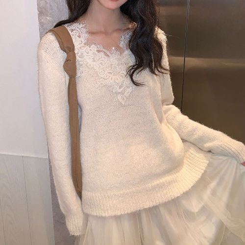 ◈[당일발송] 페미닌 레이스 브이넥 니트