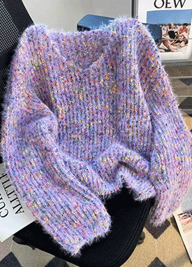 컬러풀 모헤어 브이넥 니트