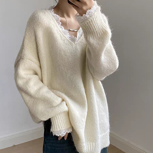 여리핏 레이스 브이넥 니트