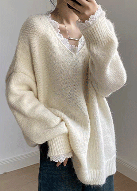 여리핏 레이스 브이넥 니트