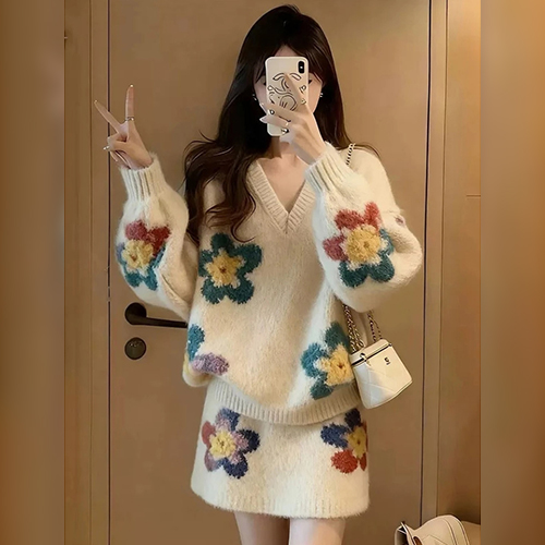 믹스컬러 플라워 니트 투피스 세트