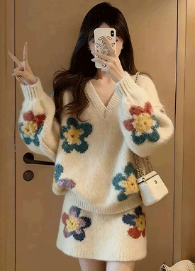 믹스컬러 플라워 니트 투피스 세트