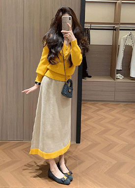 옐로우 포인트 브이넥 니트&스커트 2SET