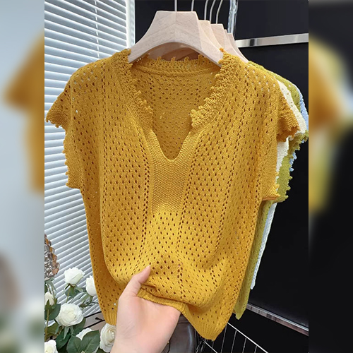 펀칭 트임넥 내추럴 반팔 니트