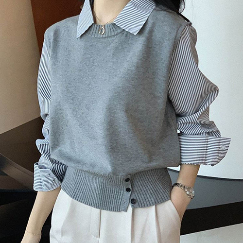 스트라이프 셔츠 레이어드 니트탑