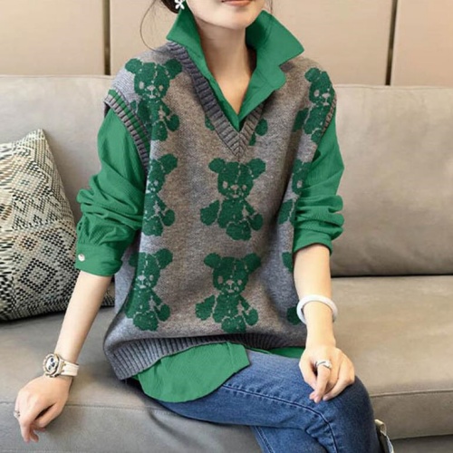 [당일발송]베어 니트 베스트 셔츠 세트