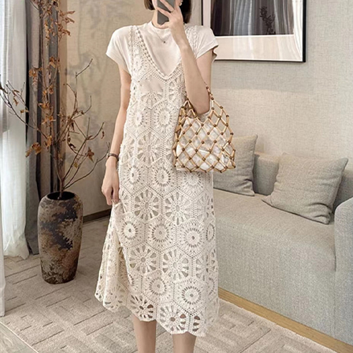 ★◈[당일발송] 일요특가 자정마감 50%★크로셰 펀칭 롱 베스트&심플 캡소매 원피스 2SET