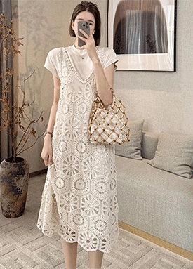 토요특가 자정마감 50%★크로셰 펀칭 롱 베스트&심플 캡소매 원피스 2SET