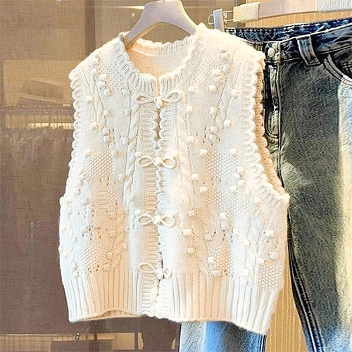 도트 리본단추 니트 조끼