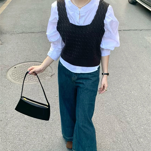 케이블 니트 베스트&벌룬 소매 차이나카라 셔츠 2SET 