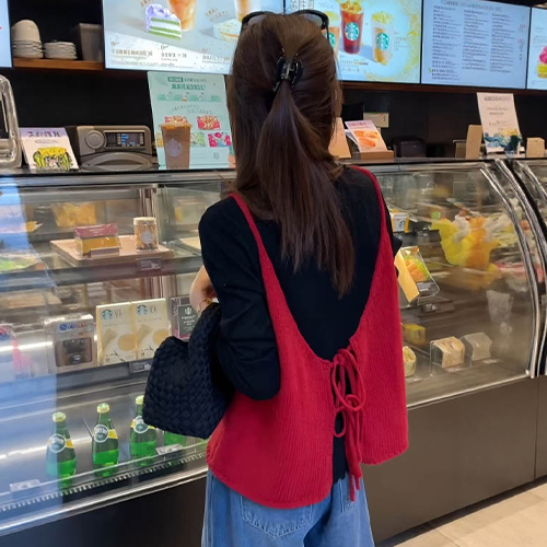 [당일발송]백리본 니트 베스트&기본 라운드 티셔츠 2SET