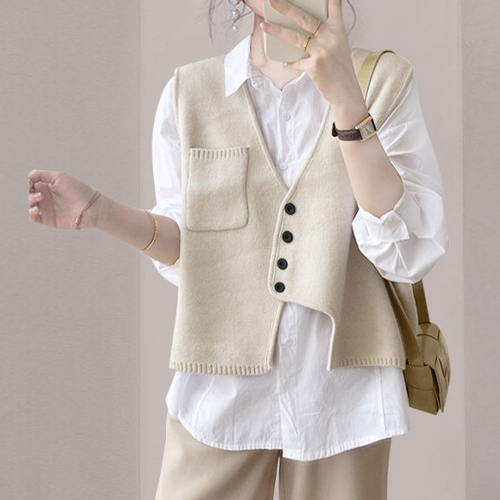 ★금요특가 자정마감 50%★브이넥 언발 크롭 니트 베스트&원포켓 출근룩 데일리 셔츠 2SET