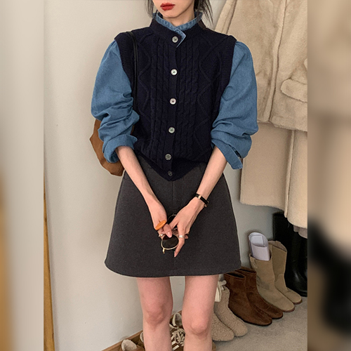 캐주얼 데님 레이어드 꽈배기 니트탑