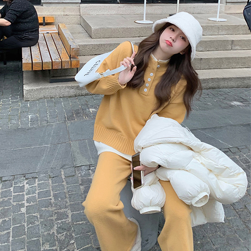 당일발송] 헨리넥 루즈핏 니트 밴딩 롱 팬츠 2SET