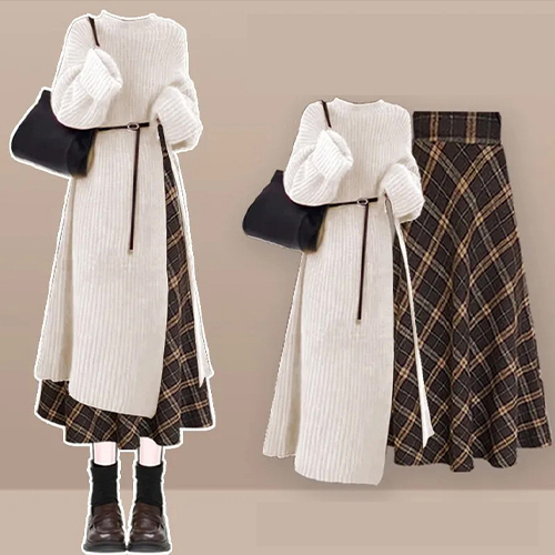[벨트미포함]사이드 트임 롱 니트&클래식 체크 스커트 2SET