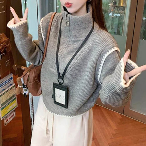 ◈[당일발송] 포근 웜터치 배색 반집업 니트