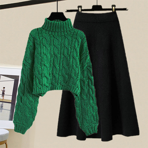 [당일발송]★토요특가 자정마감 50%★도톰 꽈배기 폴라 니트&니트 플레어 스커트 2SET