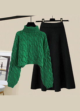 ★금요특가 자정마감 50%★도톰 꽈배기 폴라 니트&니트 플레어 스커트 2SET