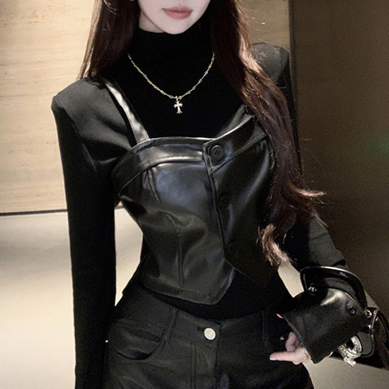 숄더패드 티셔츠 & 레더 베스트 2SET